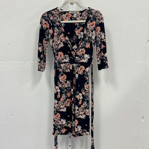 Fat Face Navy Blue Floral Wrap Dress 3/4 Sleeve Viscose Mini Size 8 Viscose